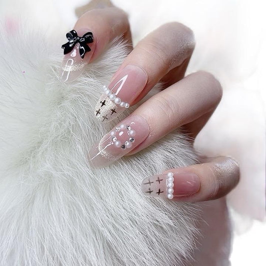 Artificial Acrylic Nails Long Oval with Mini Peal and Black Bowknot Design Tipora 113