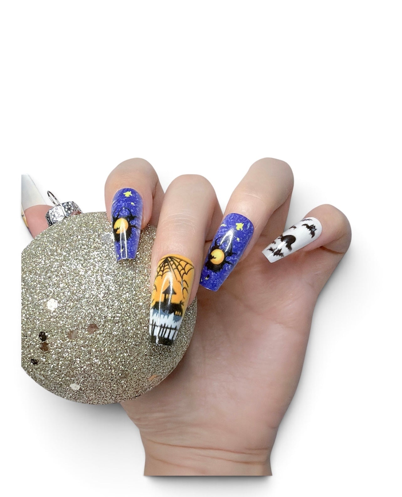 Halloween Press-On Nails 24 Pieces | Hand-Painted Spooky Graveyard, Haunted House & Bat Design | Glossy Reusable Coffin Nails | Tipora 136