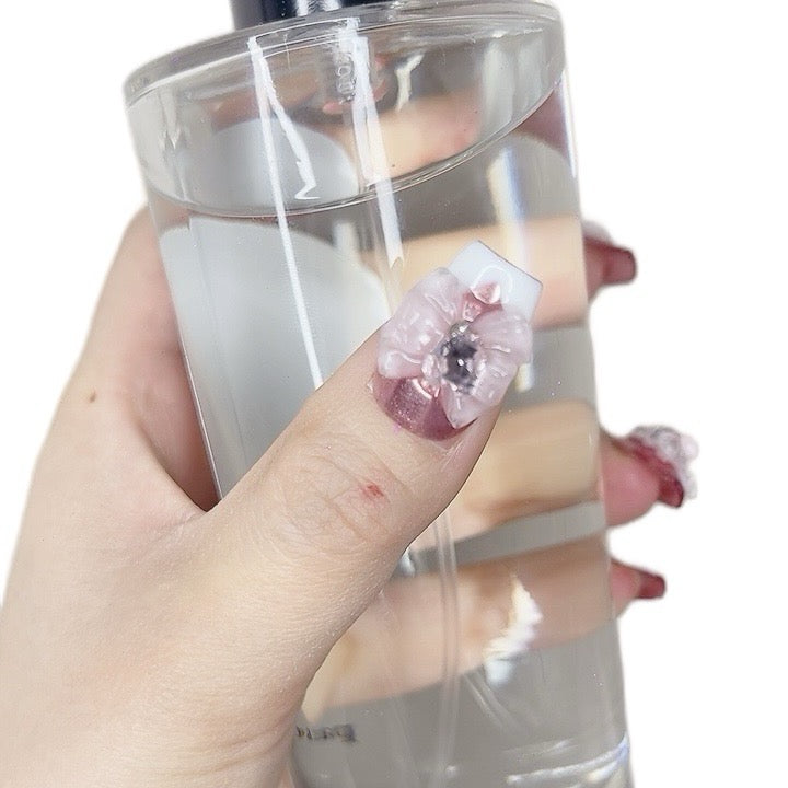 Press on Nails Medium to Length Coffin Pink Color with 3D Cat Color 010