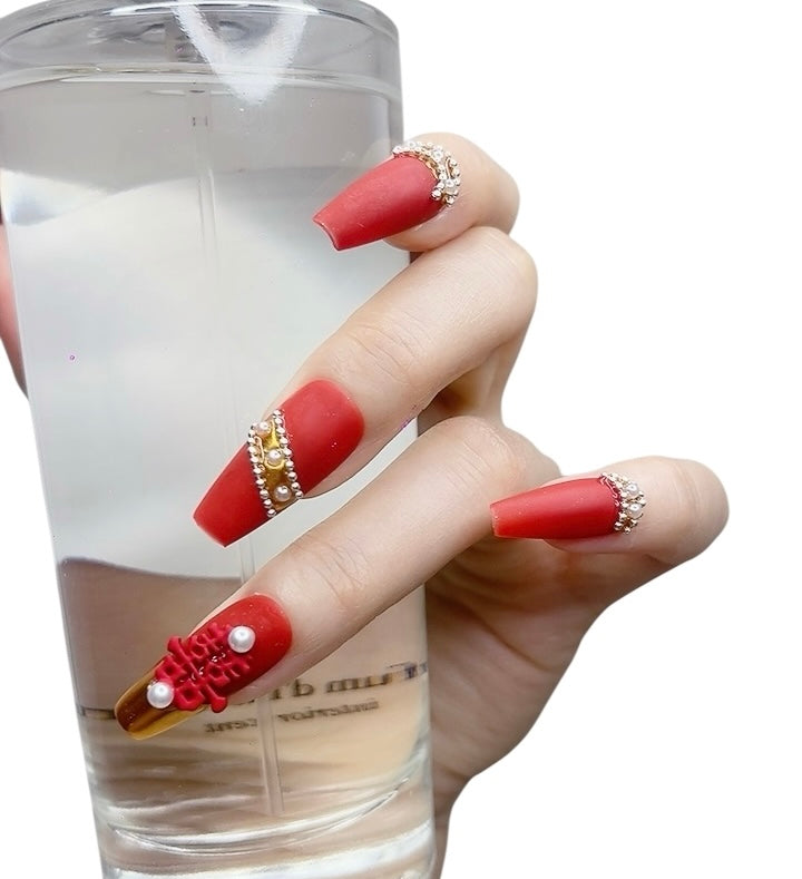 Red Long Coffin Press-On Nails with 3D Wedding Design | Tipora 070