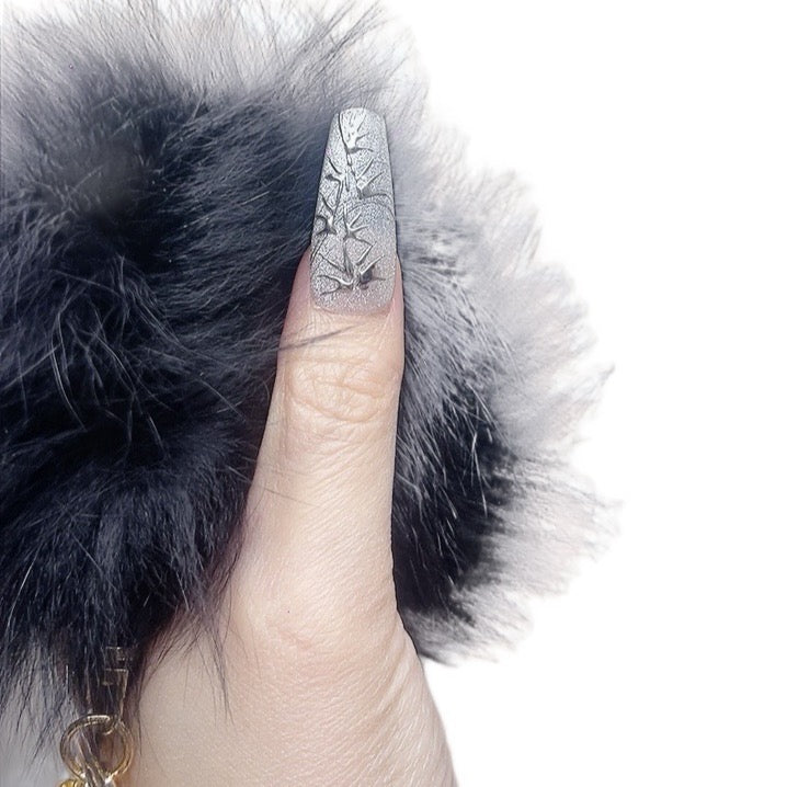 Black and Silver Long Coffin Press-On Nails with Bamboo Design – Tipora