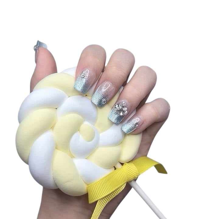 Blue Short Square Press-On Nails with Rhinestone & Pearl Design | Limited Edition – Tipora 062