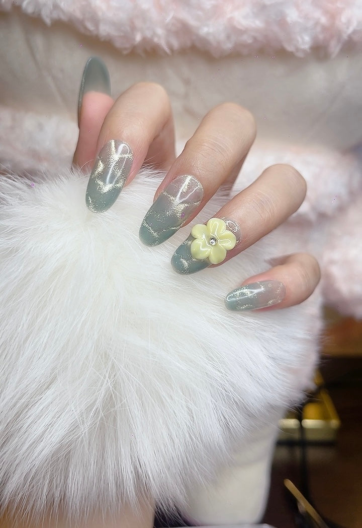Press on Nails Oval Shape Green Color with Hawaii Flower Design 124