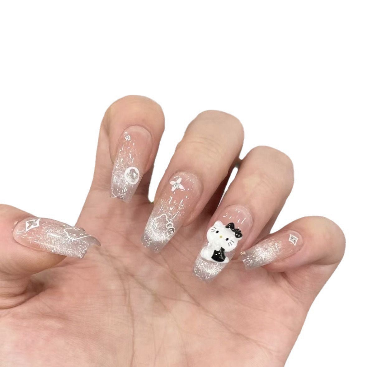 Press on Nails Long Coffin White Color with Cat Design 059