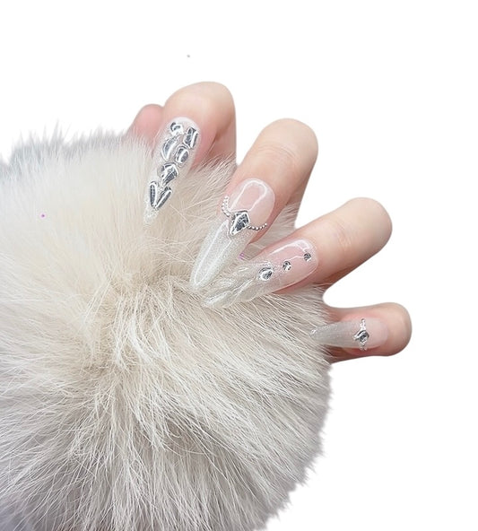 Beige Long Stiletto Press-On Nails with Shell & Sparkle Design | Tipora 072