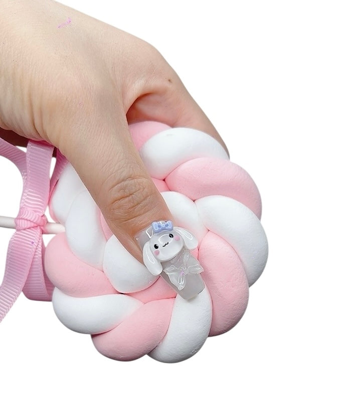 Blue Long Coffin Press-On Nails with 3D Bunny Design | Tipora 031