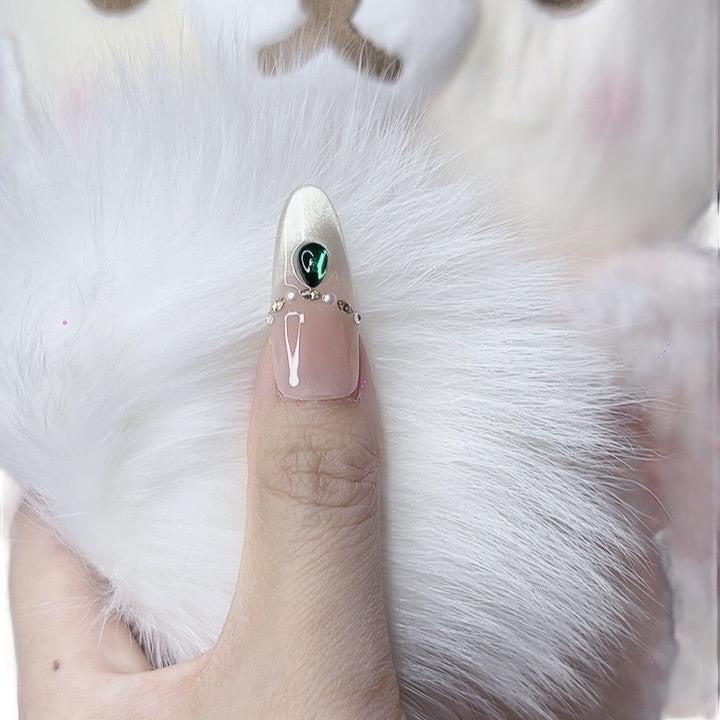 Artificial Acrylic Nails Long Oval Green Color with Mini Pearl & Green Rhinestones Design 114 Glossy Finish