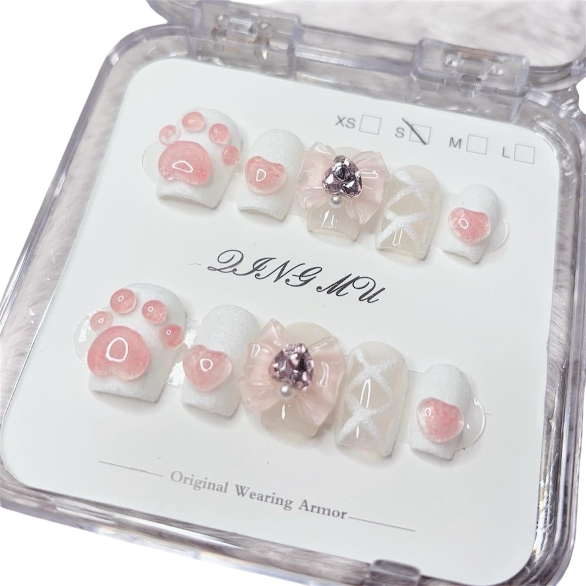 White & Pink Short Square Press-On Nails with Furry Cat Paw Design | Tipora 017 Limited Edition
