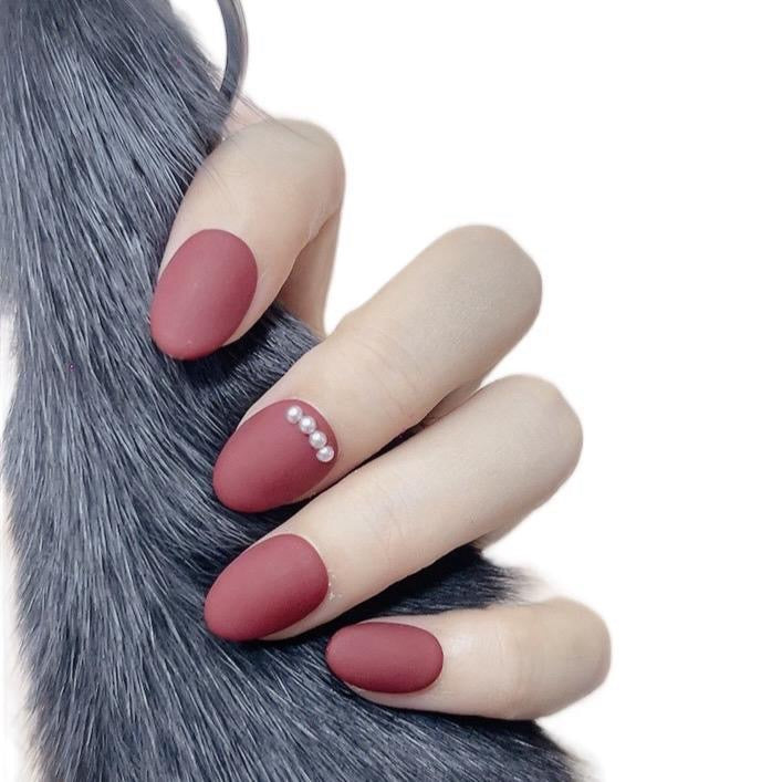 Press on Nails Short Round Matte Red with Mini Pearl Design 108