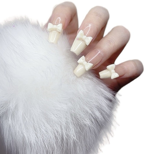 White & Pink Long Coffin Press-On Nails with 3D Bowknot Design | Tipora 095