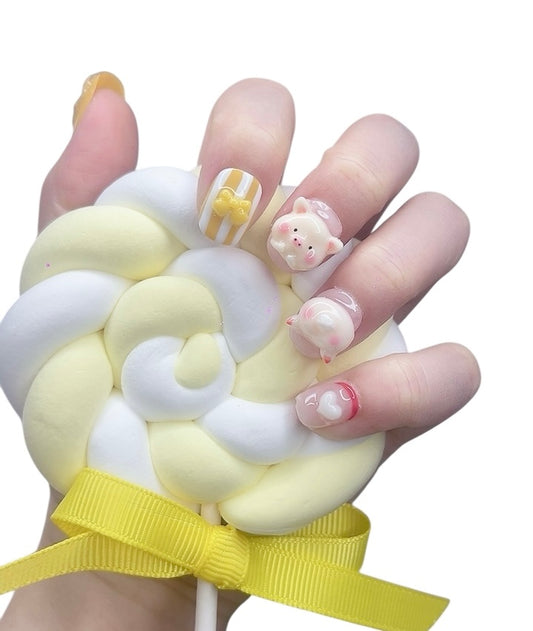 Yellow & Pink Short Round Press-On Nails with 3D Pig Design | Tipora 041