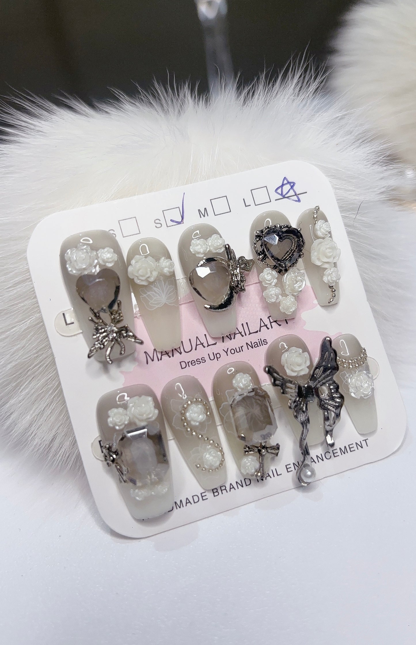 Gray Long Coffin Press-On Nails with 3D Metallic Butterfly Design | Tipora 048