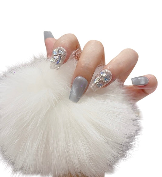 Blue & Silver Medium Coffin Press-On Nails with Ocean-Inspired Design | Tipora 099