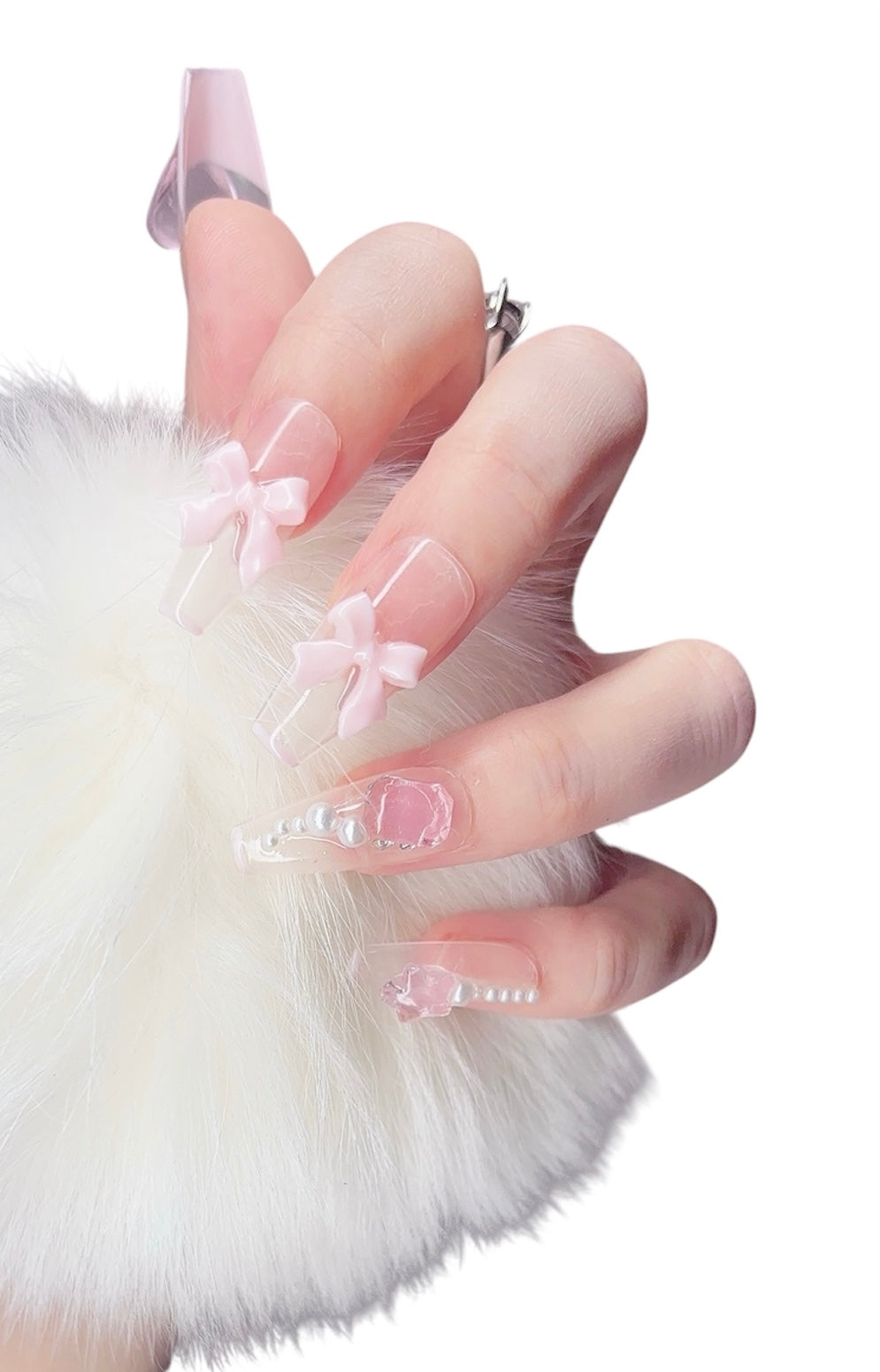 Pink Long Coffin Press-On Nails with 3D Bowknot, Heart, Pearl & Star – Limited Edition | Tipora 076