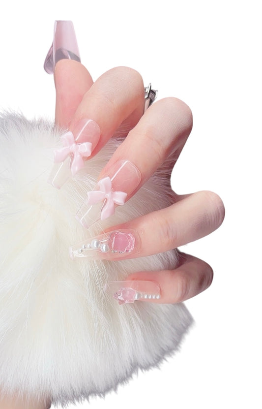 Pink Long Coffin Press-On Nails with 3D Bowknot, Heart, Pearl & Star – Limited Edition | Tipora 076