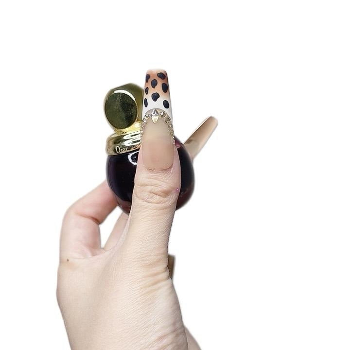 Leopard Print Press On Nails – Long Coffin Shape with Square Rhinestones (077)