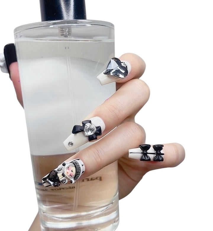 Black & White Long Coffin Press-On Nails with 3D Doll, Bowknot & Heart Rhinestones | Tipora 071