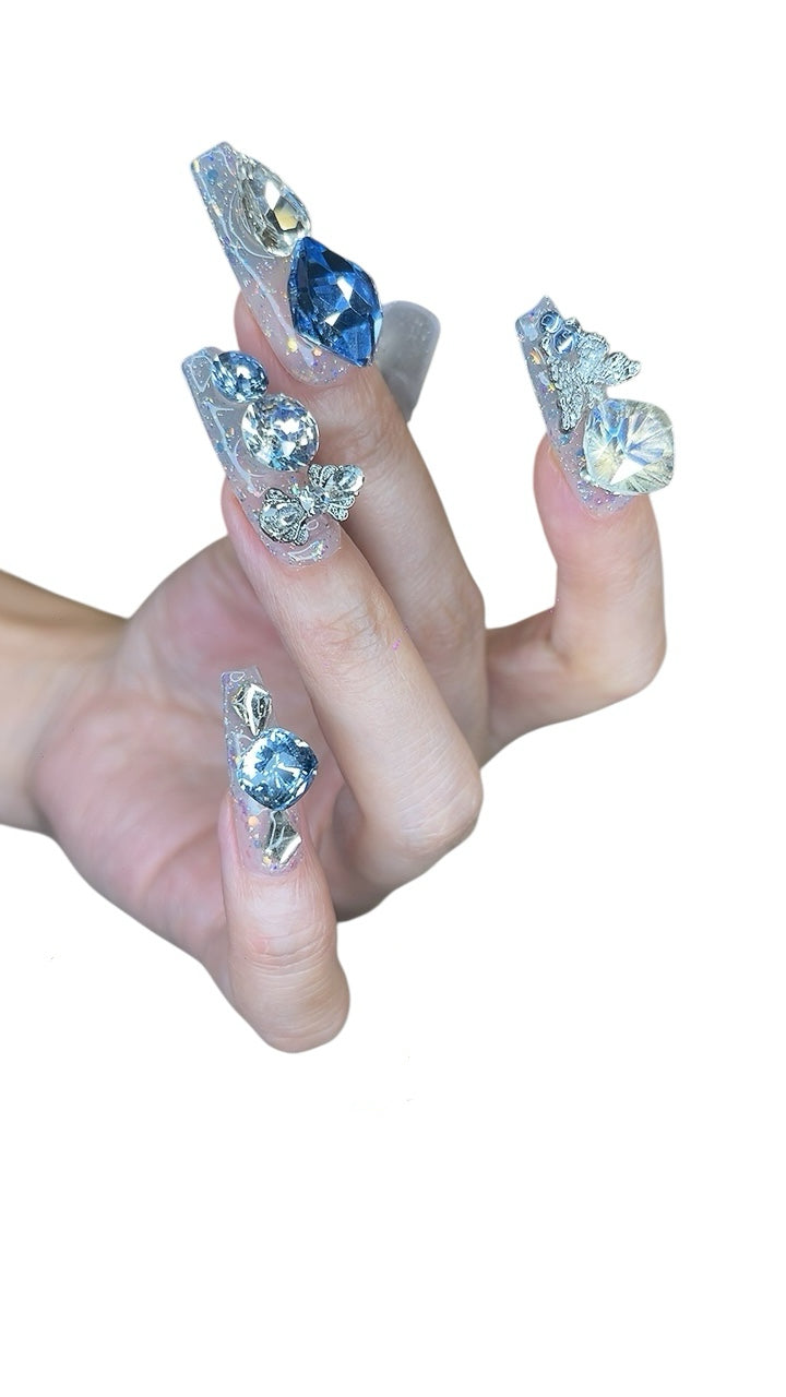 Blue & Silver Long Coffin Press-On Nails with Rhinestone Design | Tipora 028