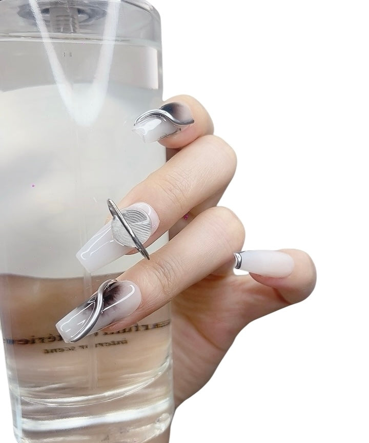 Black & White Long Coffin Press-On Nails with Galaxy Design | Limited Edition – Tipora 040