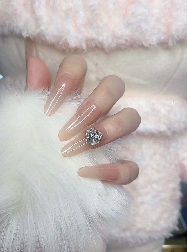 Press on Nails Long Oval Shape Pink Color with Round Rhinestones Design 128 - Elegant and Stylish Glam Nails for Weddings Parties or Everyday Wear