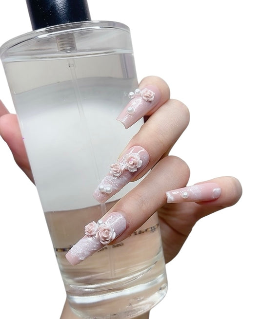 Pink Long Coffin Press-On Nails with 3D Flower Design | Tipora 019