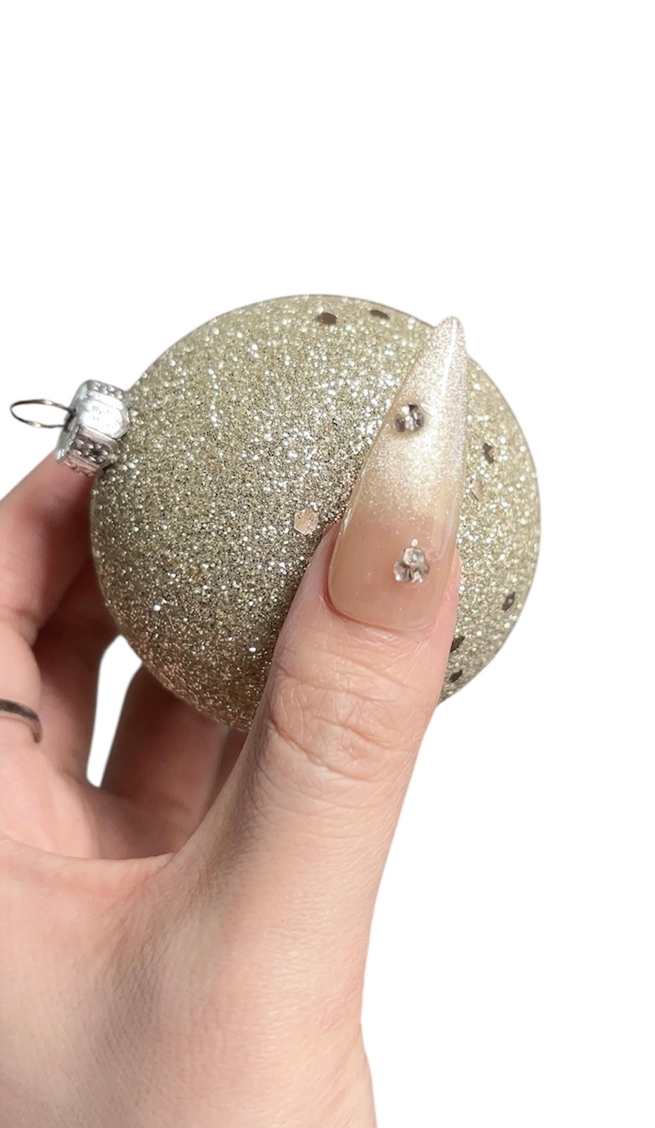 Beige Long Stiletto Press-On Nails with Rhinestones | Tipora 090