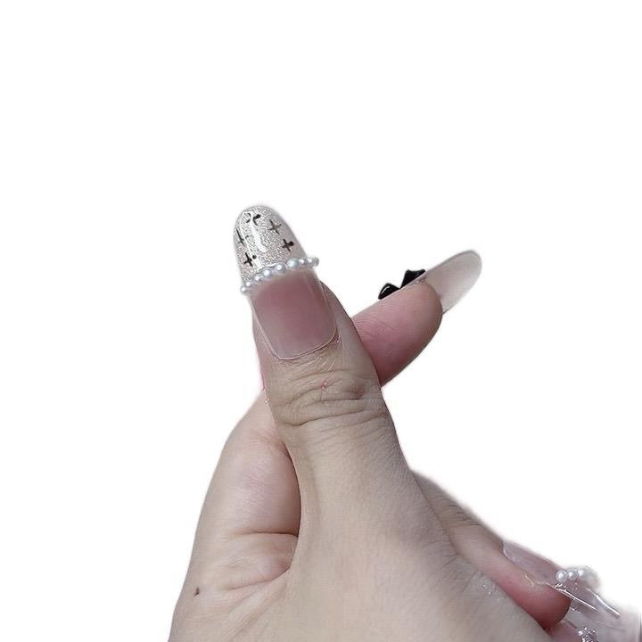 Artificial Acrylic Nails Long Oval with Mini Peal and Black Bowknot Design Tipora 113