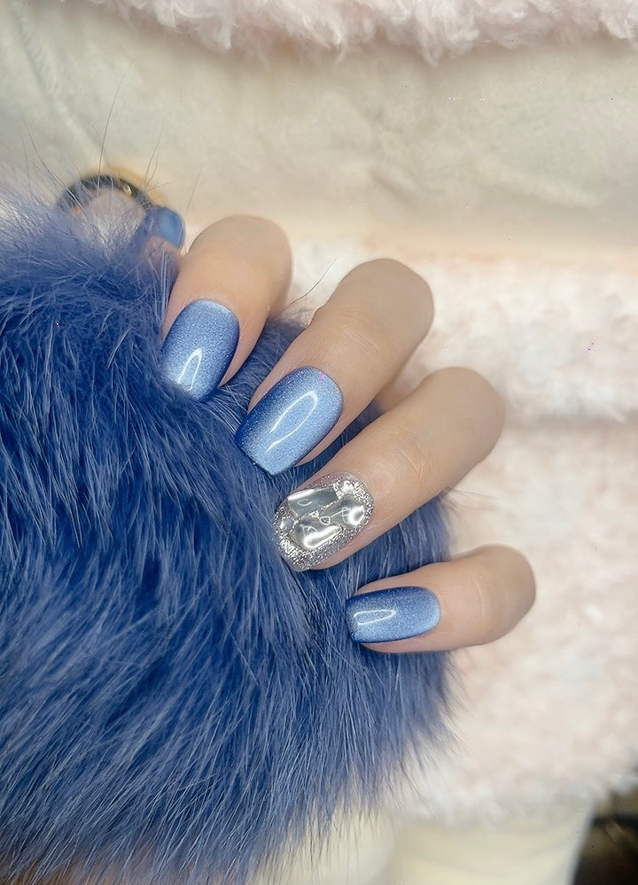 Press on Nails Short Square Shape Gem-Like Blue Color with Sparkle Design 129