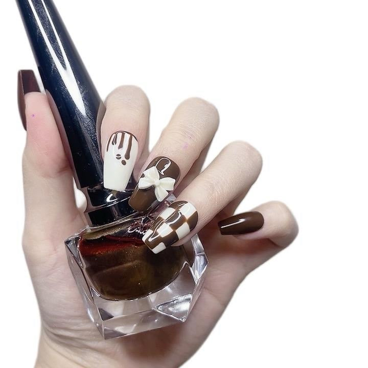 Chocolate-Inspired Press-On Nails – Brown & White with 3D Bowknot | Tipora 094