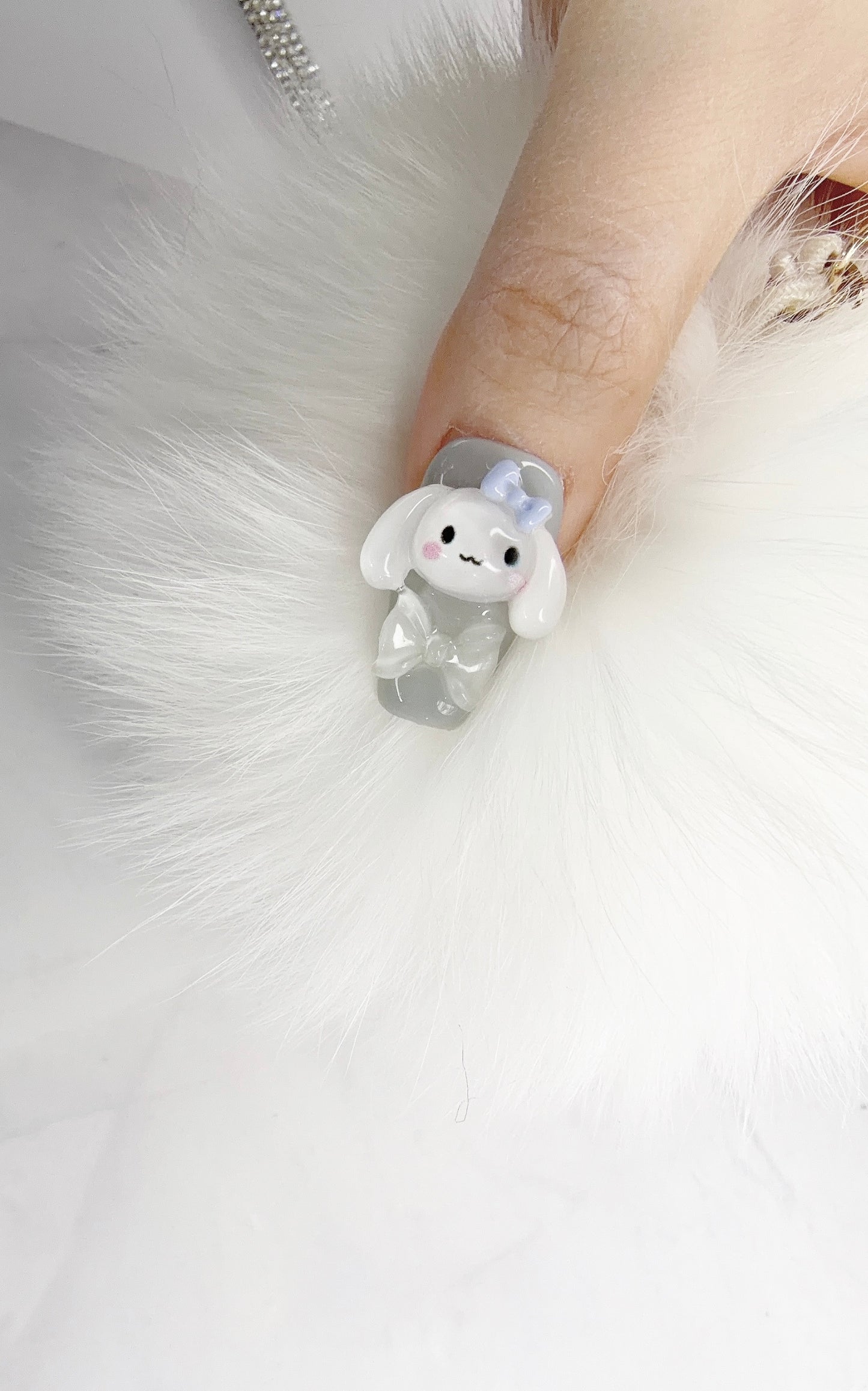 Blue Long Coffin Press-On Nails with 3D Bunny Design | Tipora 031