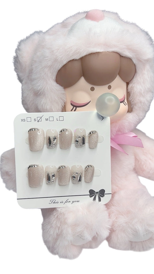Pink Short Square Press-On Nails with Sparkle Design | Tipora Doudou 053