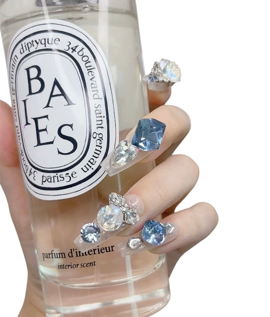 Blue & Silver Long Coffin Press-On Nails with Rhinestone Design | Tipora 028