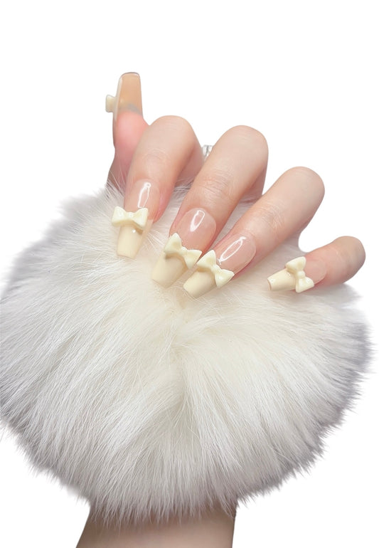 White & Pink Long Coffin Press-On Nails with 3D Bowknot Design | Tipora 095