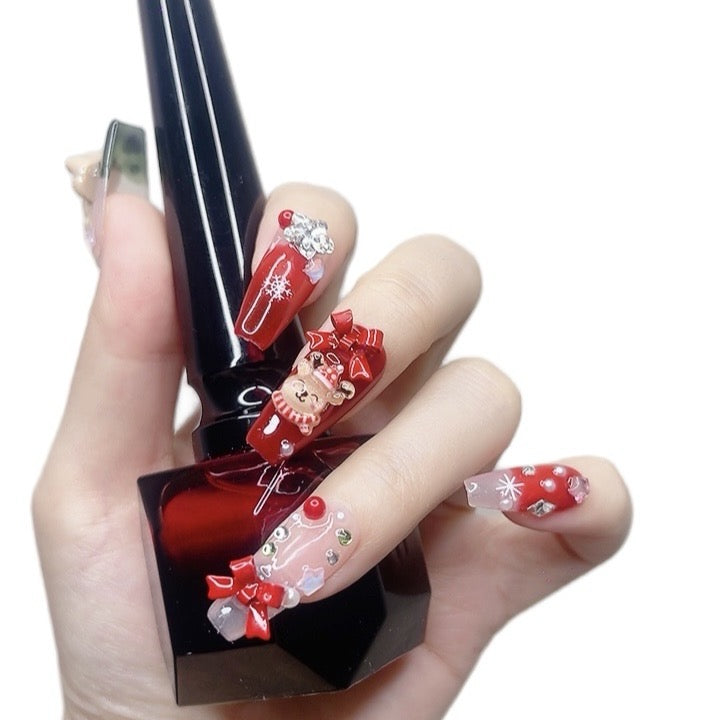 Red & Green Long Coffin Press-On Nails with 3D Christmas Design | Tipora 087