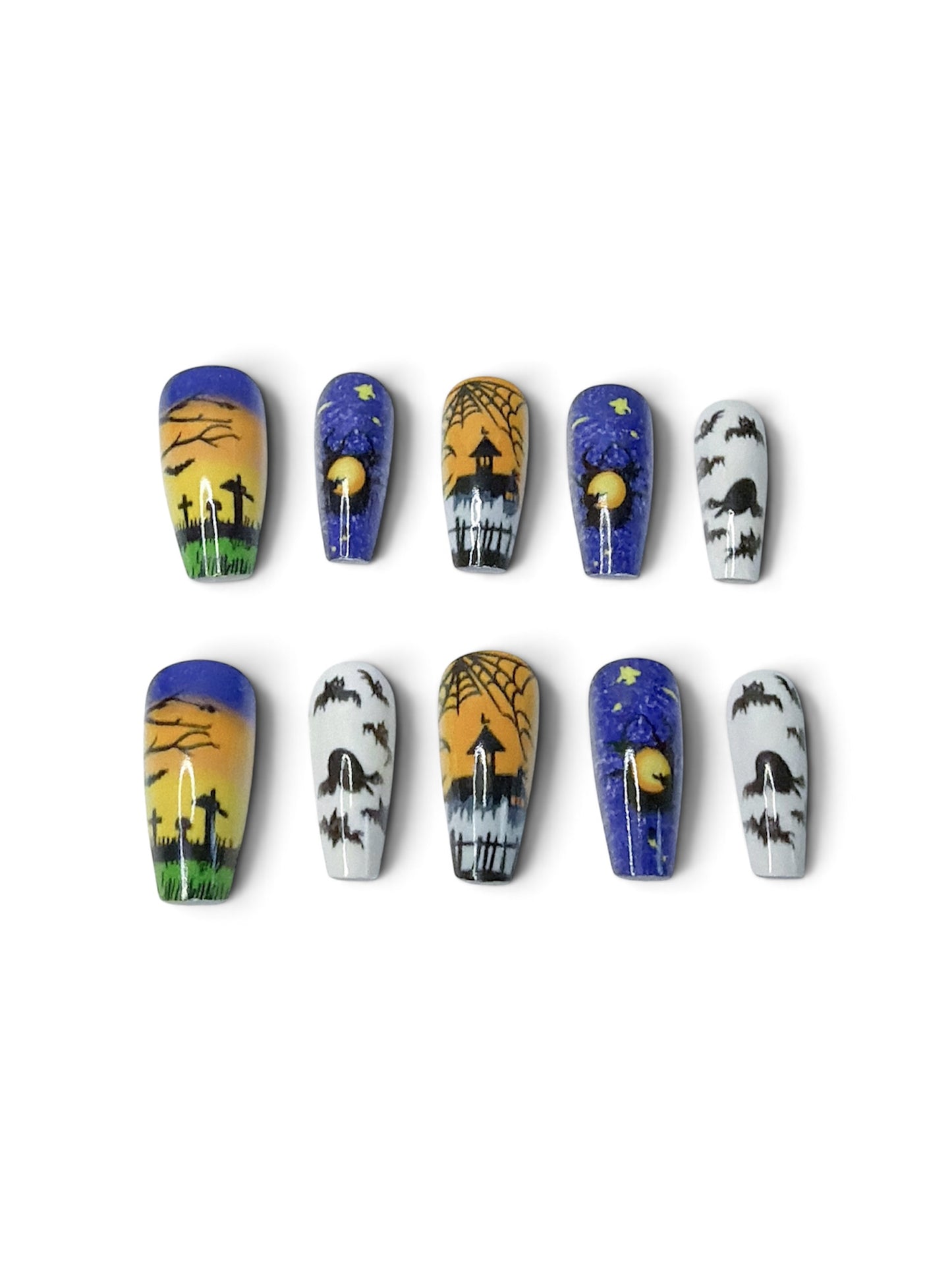 Halloween Press-On Nails 24 Pieces | Hand-Painted Spooky Graveyard, Haunted House & Bat Design | Glossy Reusable Coffin Nails | Tipora 136