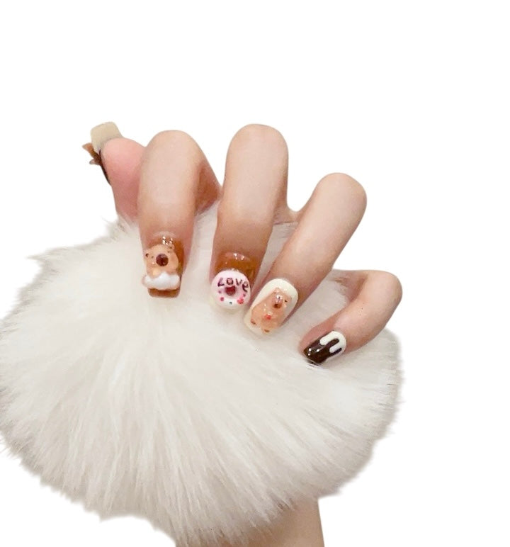 Short Square Brown Press-On Nails with 3D Capybara Design | Tipora 105