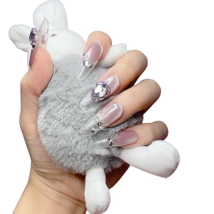 Purple Long Oval Press-On Nails with Purple Rhinestone Design – Tipora 063