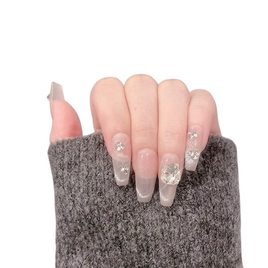 Pink Long Coffin Press-On Nails with Rhinestone Design | Tipora 044