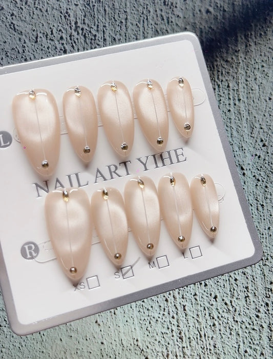 Press on Nails Almond Shape Medium Length Pink Color with Simple Line Design 130 Glam Nail