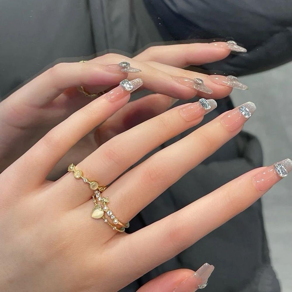 Pink Long Coffin Press-On Nails with Square Rhinestone Design | Tipora 050