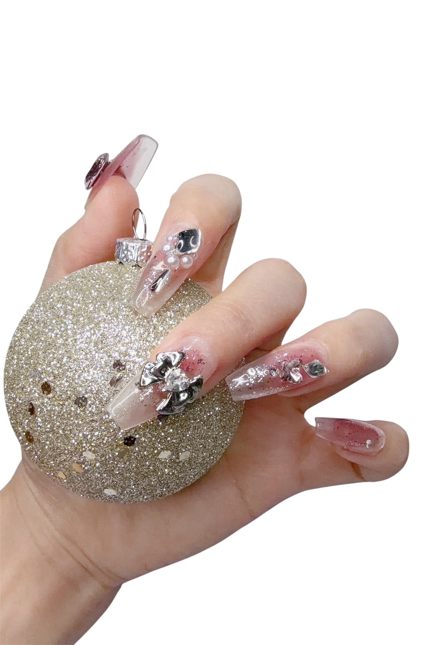 Pink Medium Coffin Press-On Nails with 3D Metallic Bowknot Design | Tipora 086