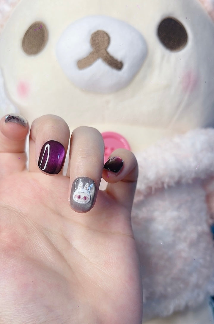 Press on Nails Short Round Purple Color with Cartoon Design 131