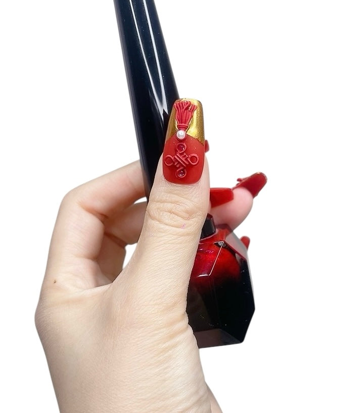 Red Long Coffin Press-On Nails with 3D Wedding Design | Tipora 070