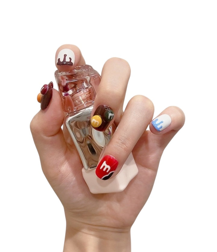 Colorful Short Round Press-On Nails with M&M Candy Design | Tipora 102