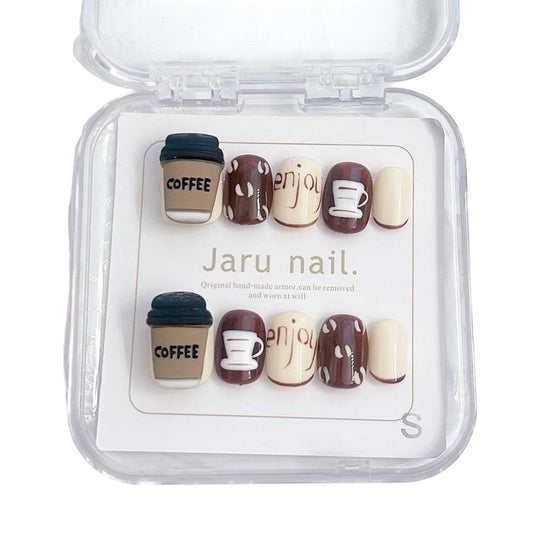 Brown Short Round Press-On Nails with 3D Coffee Cup Design | Tipora 042