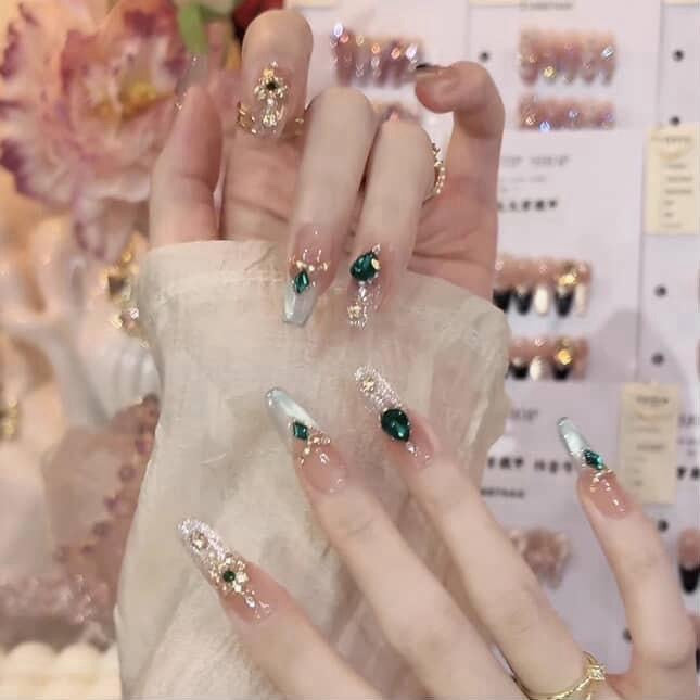 Artificial Acrylic Nails Long Oval Green Color with Mini Pearl & Green Rhinestones Design 114 Glossy Finish