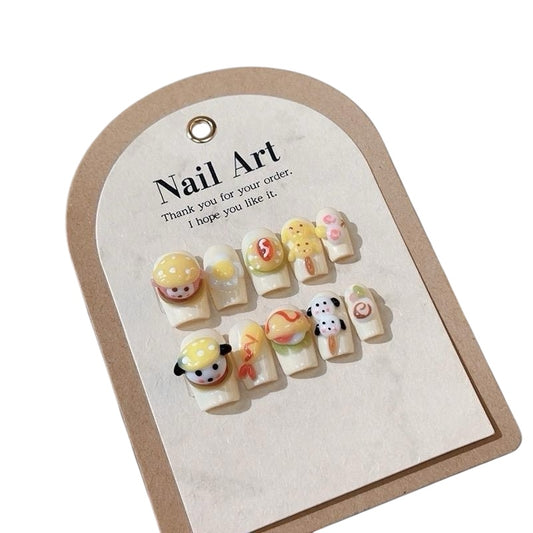 Yellow Long Square Press-On Nails with 3D Puppy Design – Tipora 026 Limited Edition
