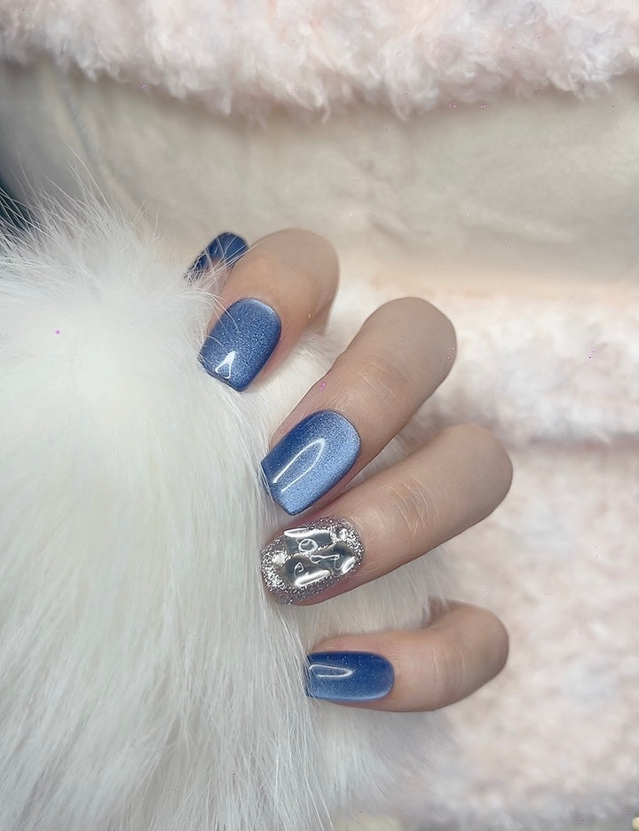 Press on Nails Short Square Shape Gem-Like Blue Color with Sparkle Design 129