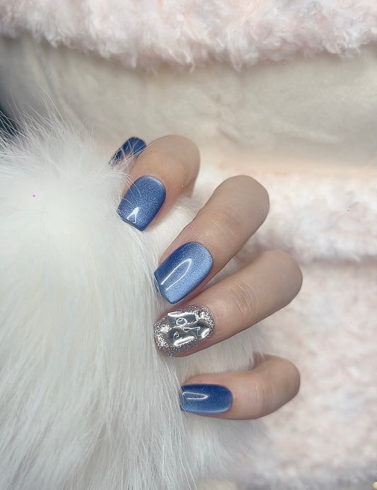 Press on Nails Short Square Shape Gem-Like Blue Color with Sparkle Design 129