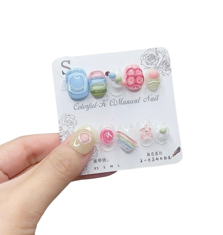 Rainbow-Inspired Short Round Press-On Nails with 3D Flower Design | Tipora 035